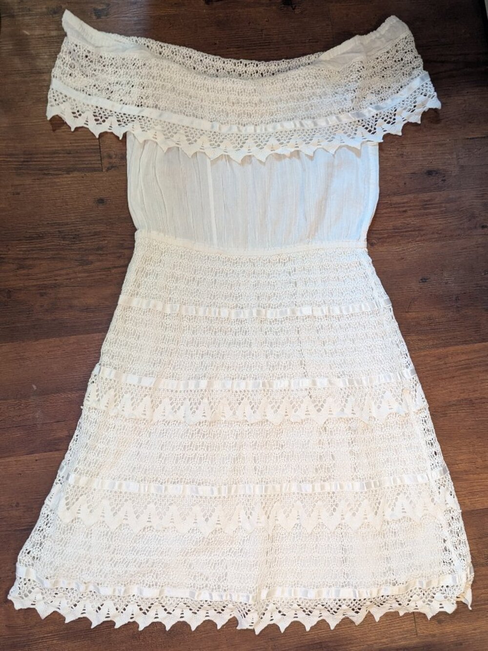 Vintage Off the Shoulder White Lace Overlay Maxi Dress
